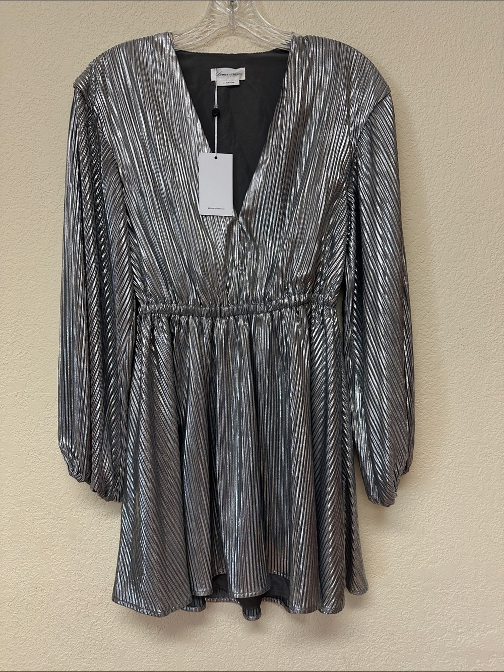 Lovers + Friends NWT Huron Silver Pleated V-Neck Mini Dress size S